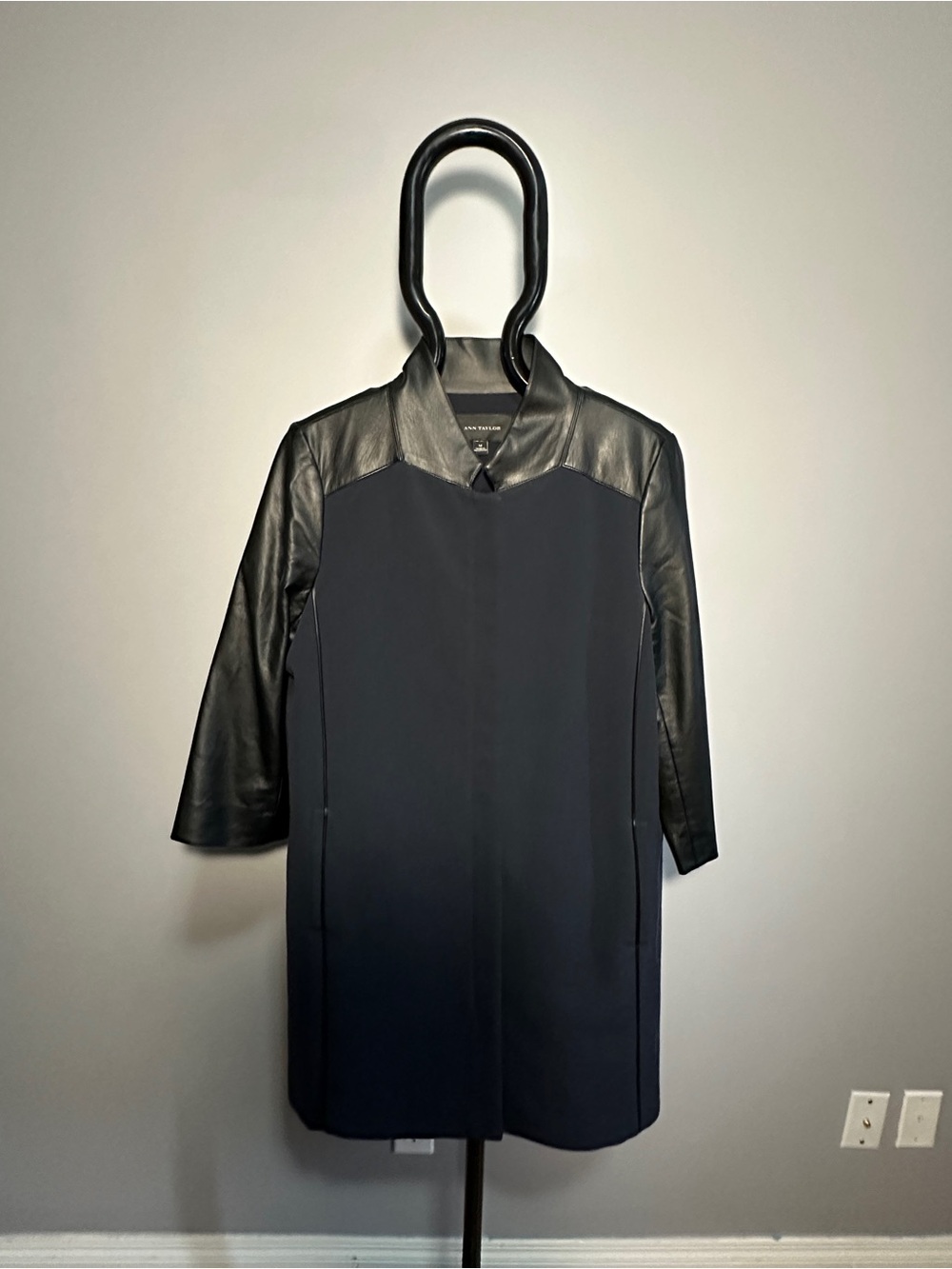 Ann Taylor Ladies Black Car Coat with 3/4 sleeves and faux leather trim